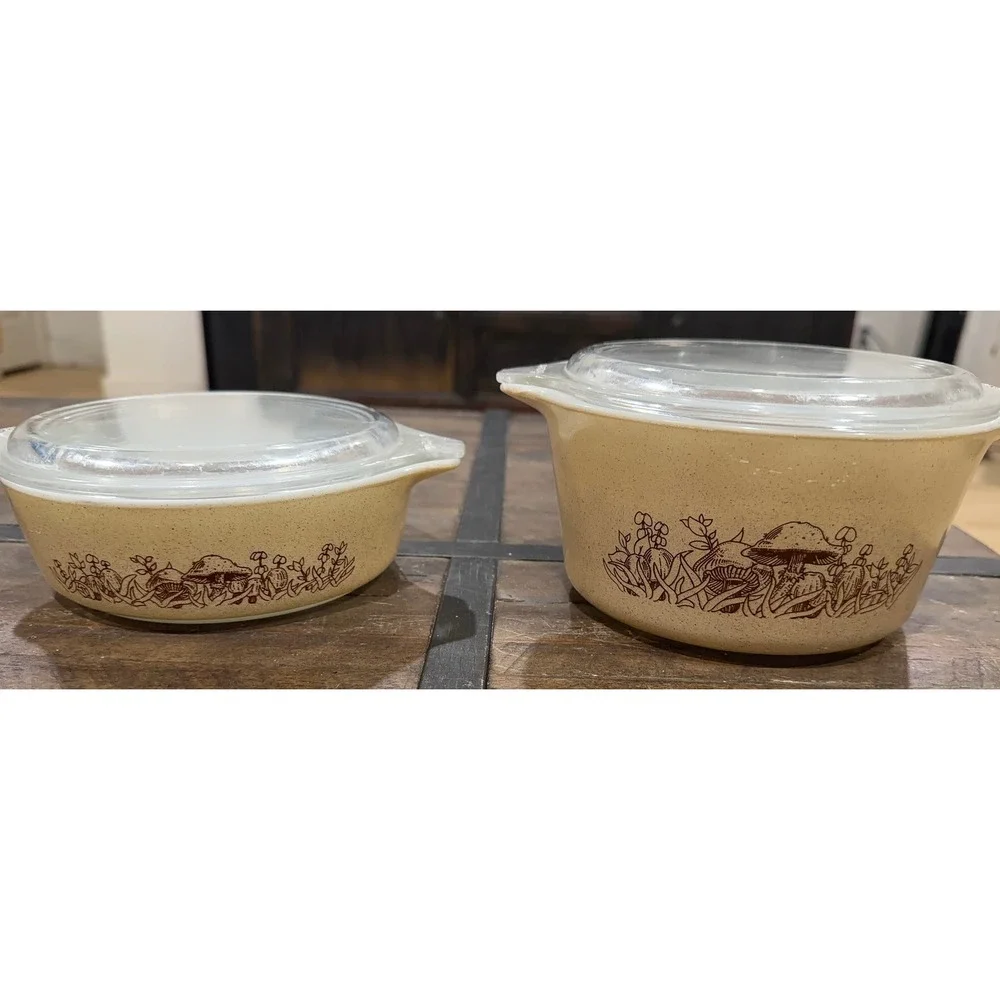 Vintage Pyrex Forest Fancies Casserole Set 471 472 Mushroom Speckled Tan 4pc